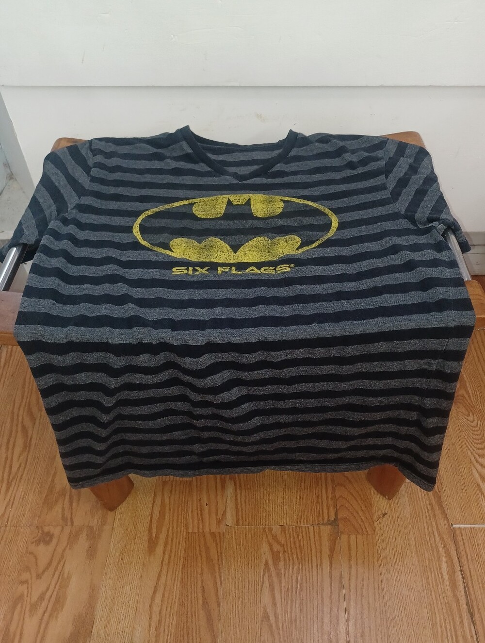 Six Flags Batman Logo Black & Gray Striped Tee with Yellow Graphic